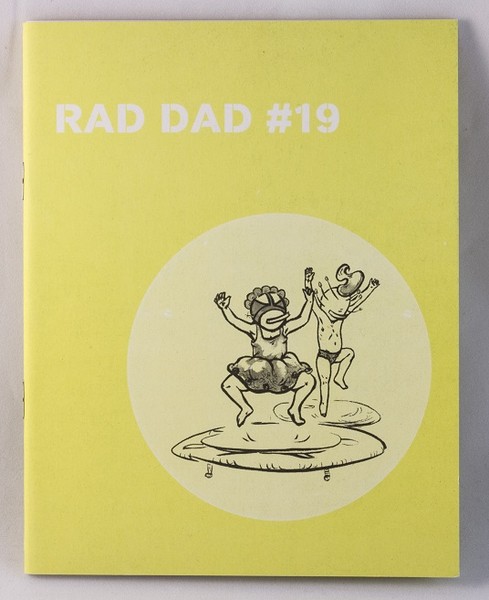 A yellow zine with a drawing of two people jumping on trampolines