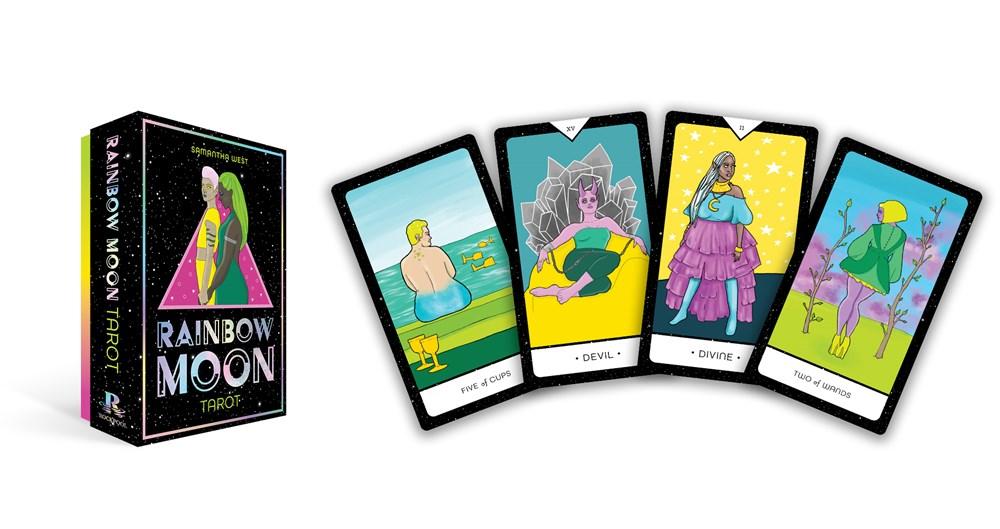 a deck and four cards showing four different characters clad in colorful garments