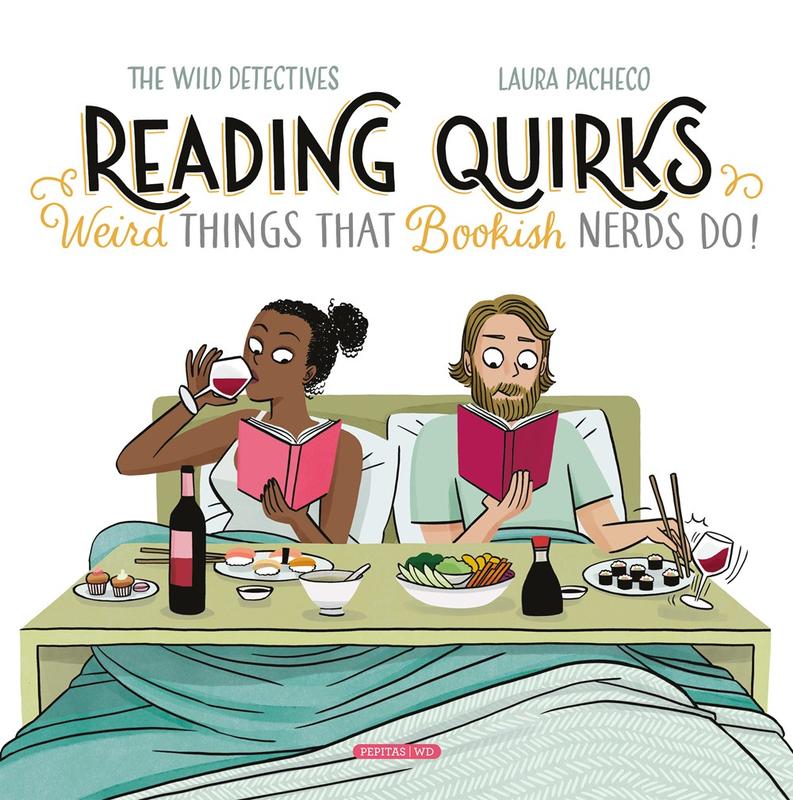 Illustration of a man and a woman reading in bed with a table over their laps containing wine and sushi.