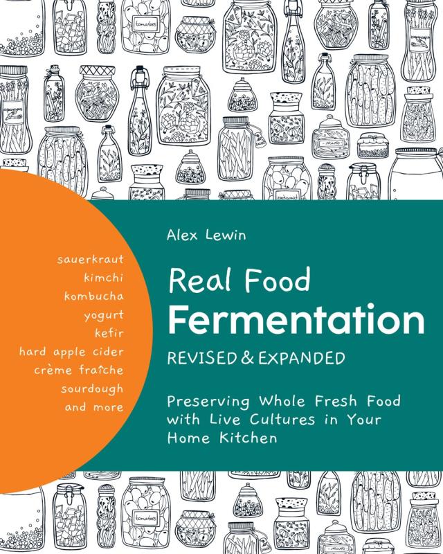 illustrations of bottles of fermented foods with orange and teal banner with white text