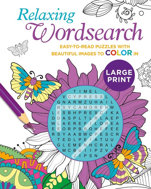 white cover with purple and yellow text with illustration of word search with butterfly