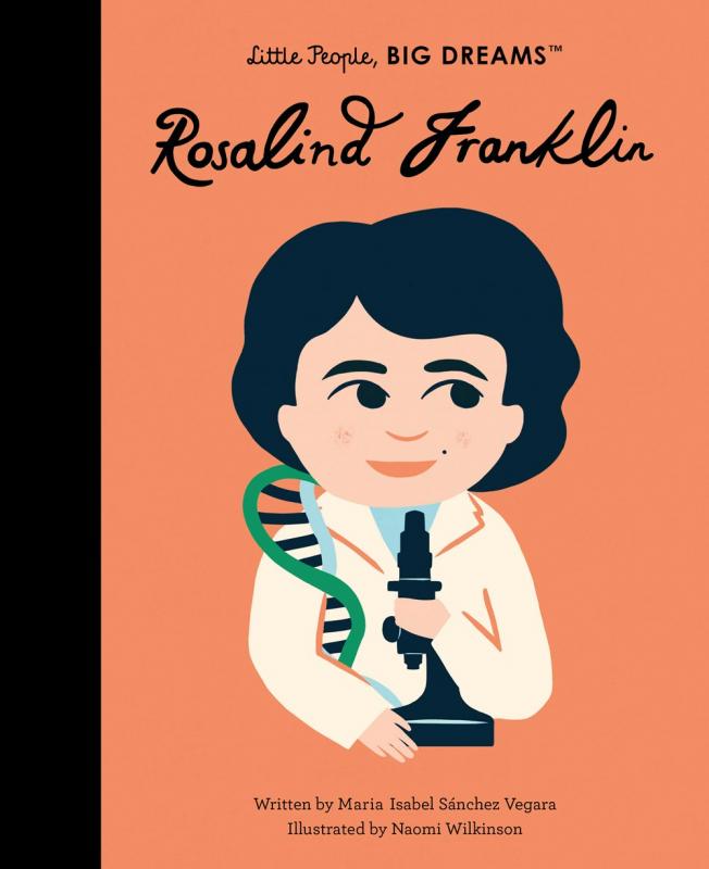 rosalind franklin with a strand of dna around her neck as if a scarf and holding a microscope
