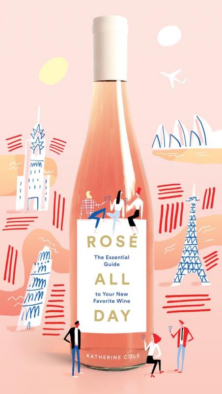 an illustrated bottle of rose that appears as part of the city skyline, huge in proportion to the illustrated figures standing around its base and the skyscrapers behind it