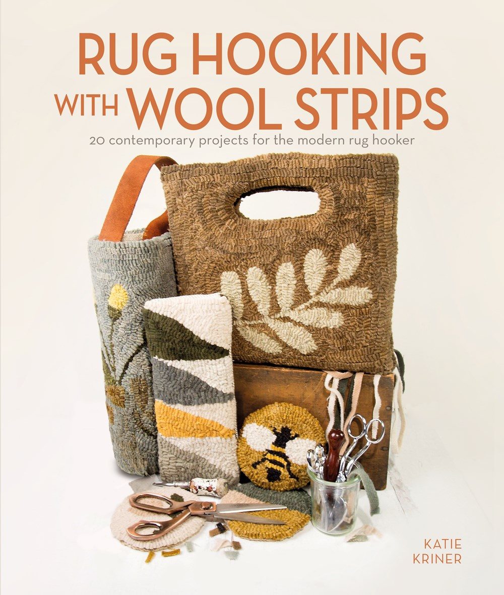 tan cover with a pile of bags made from rug hooking with orange bold text