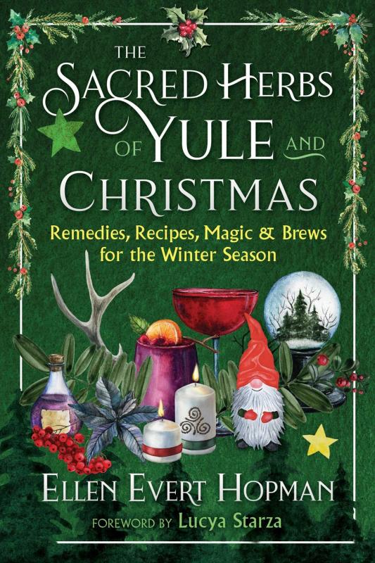 a lush green background bordered by holly garland. at the foreground at candles, potions, a gnome, and more festive items