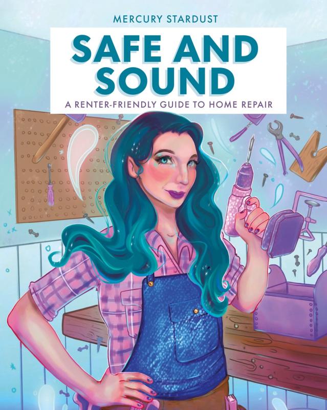 Illustration of Mercury Stardust, a transwoman with long blue hair in a workshop, wearing overalls and holding a pink drill.