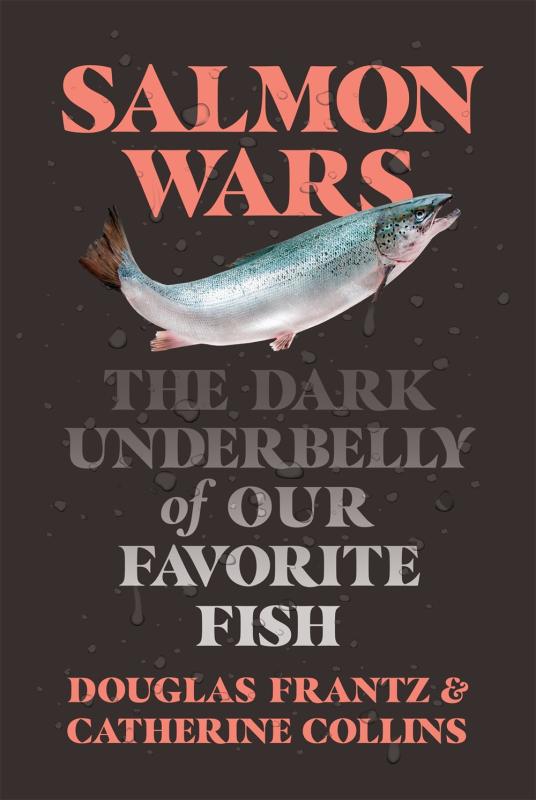 a picture of a salmon against a dark brown background with salmon colored font for the title