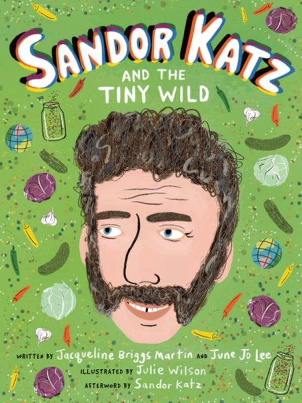 an illustration of sandor katz with a mustache and side burns against a green background with veggies all over it