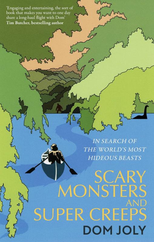 illustration of a person in a canoe on a body of water with trees on the bands with yellow text