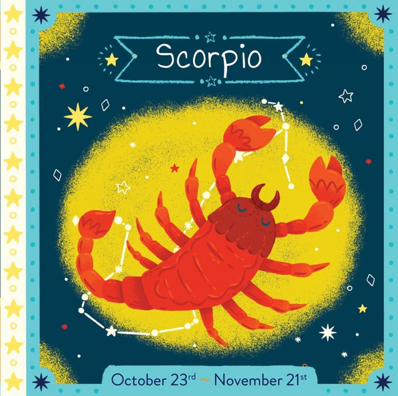 an illustrated scorpion against a constellation
