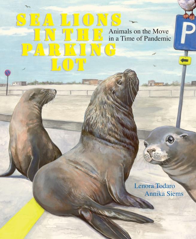 illustration of sea lions in a parking lot with yellow text