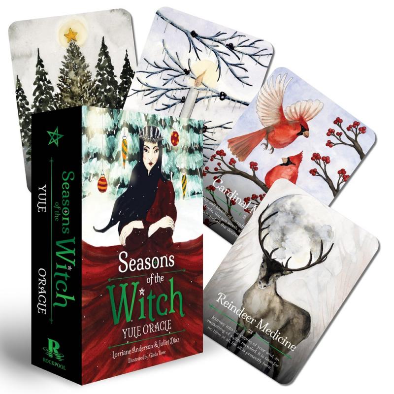 an illustration of a woman wearing a crown in a winter landscape on the deck box cover and three tarot cards with animals in winter landscapes