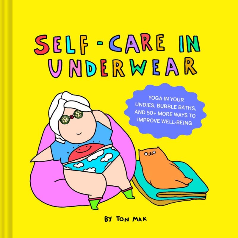 yellow cover with illustration of person lounging with cat