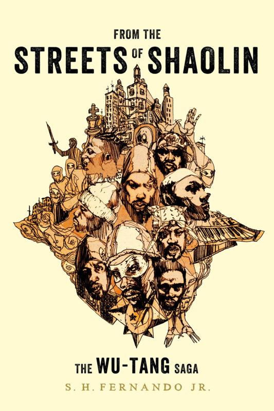 tan cover with collage illustration of people from the band with black text