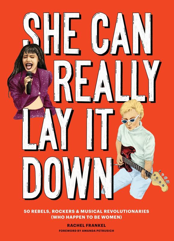 red background, white block letters. illustrations of Selena singing and Carol Kaye playing electric guitar