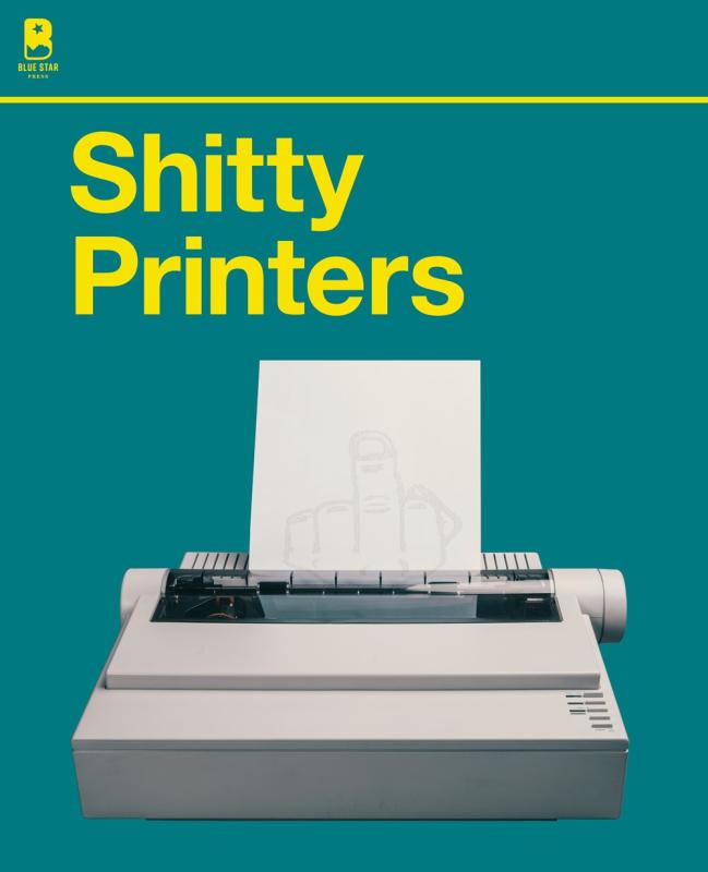 a printer with a piece of paper sticking out of it with a very faint outline of a hand flipping the bird