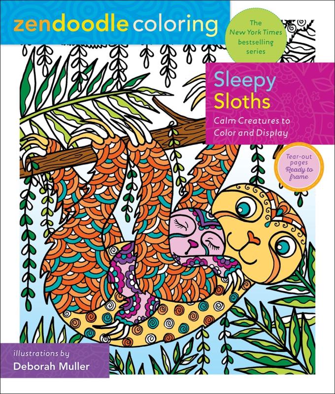 a colorfully illustrated sloth hanging from a branch