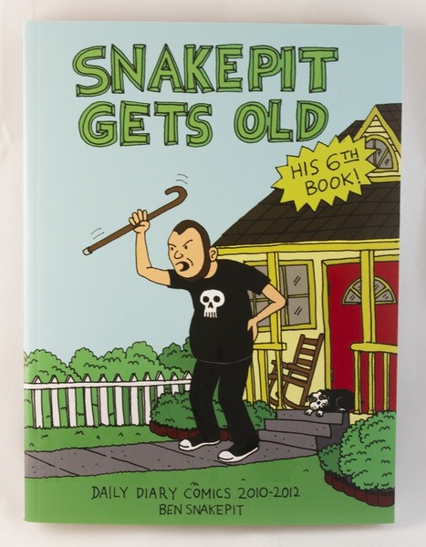 An illustration of Ben Snakepit holding his lower back with a cane raised to the sky as he yells at someone (probably some meddlin' kids) in his front yard