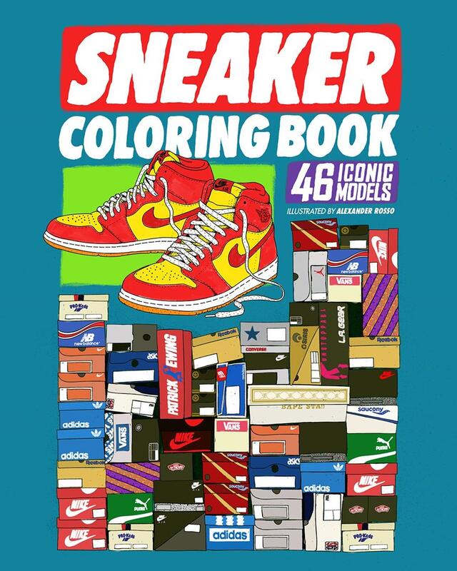 colorful illustrations of a pair of hi-top sneakers and a mountain of shoe boxes. 