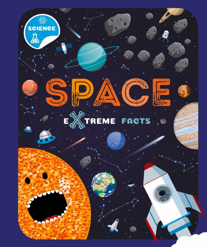 illustration of space with rocks and rocket and bold orange text