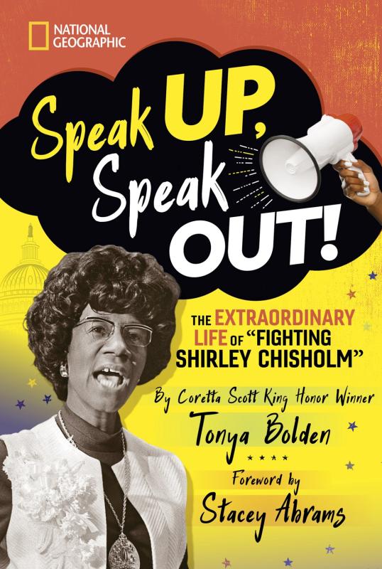 close up of a person speaking with red and yellow cover with yellow and white text