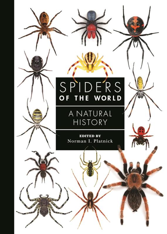 White cover with photos of various spiders. Black box in the center with white text.