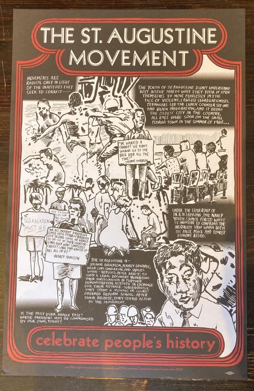 comic illustrations depicting protestors holding signs with red black and white colors and text