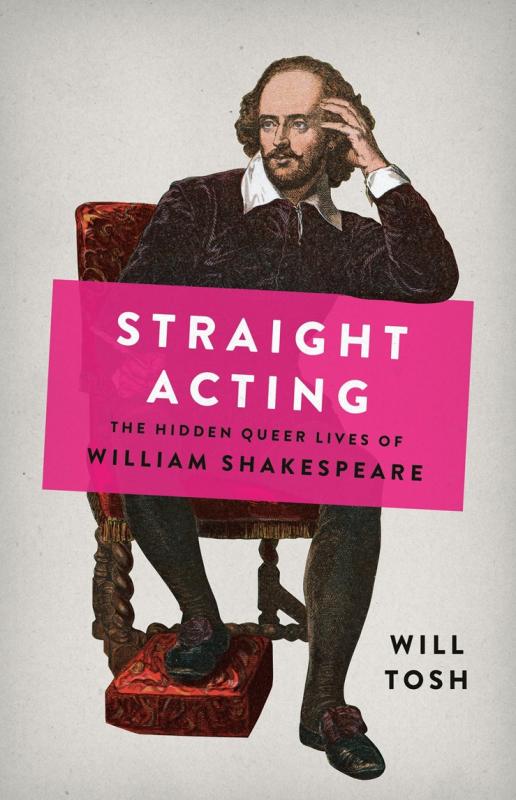 grey cover with shakespeare and a pink banner with white text