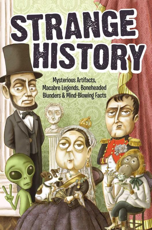 cartoon images of historical figures with a chimp, green alien, and a bust