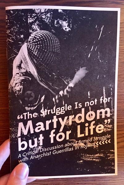 Cover of The Struggle Is not for Martyrdom but for Life which features a person whose face is completely obscured by bandanas, holding what appears to be some sort of rifle