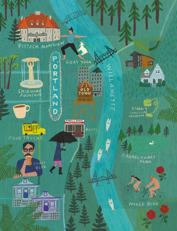 a stylized illustration of a map of Portland, Oregon and the Willamette river. 