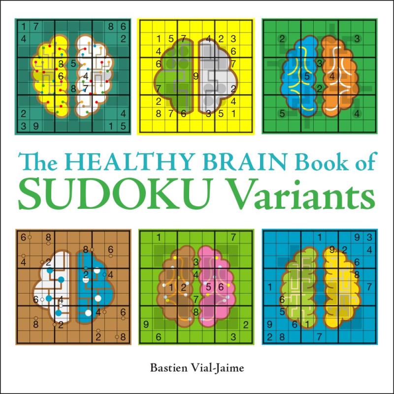 Dual triptychs above and below the title in the center. Each panel is a sudoku puzzle, within it the motif of top-down view of a brain.