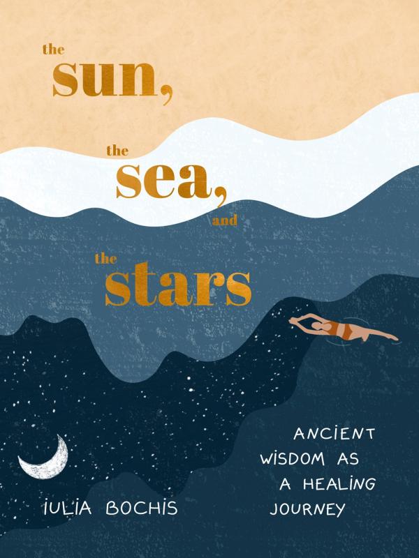 tan white and blue cover with orange text with person swimming in the sky