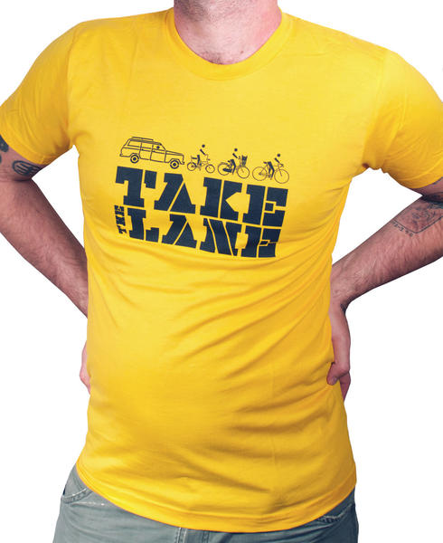 t-shirt that says take the lane with an image of a car following 3 bikes