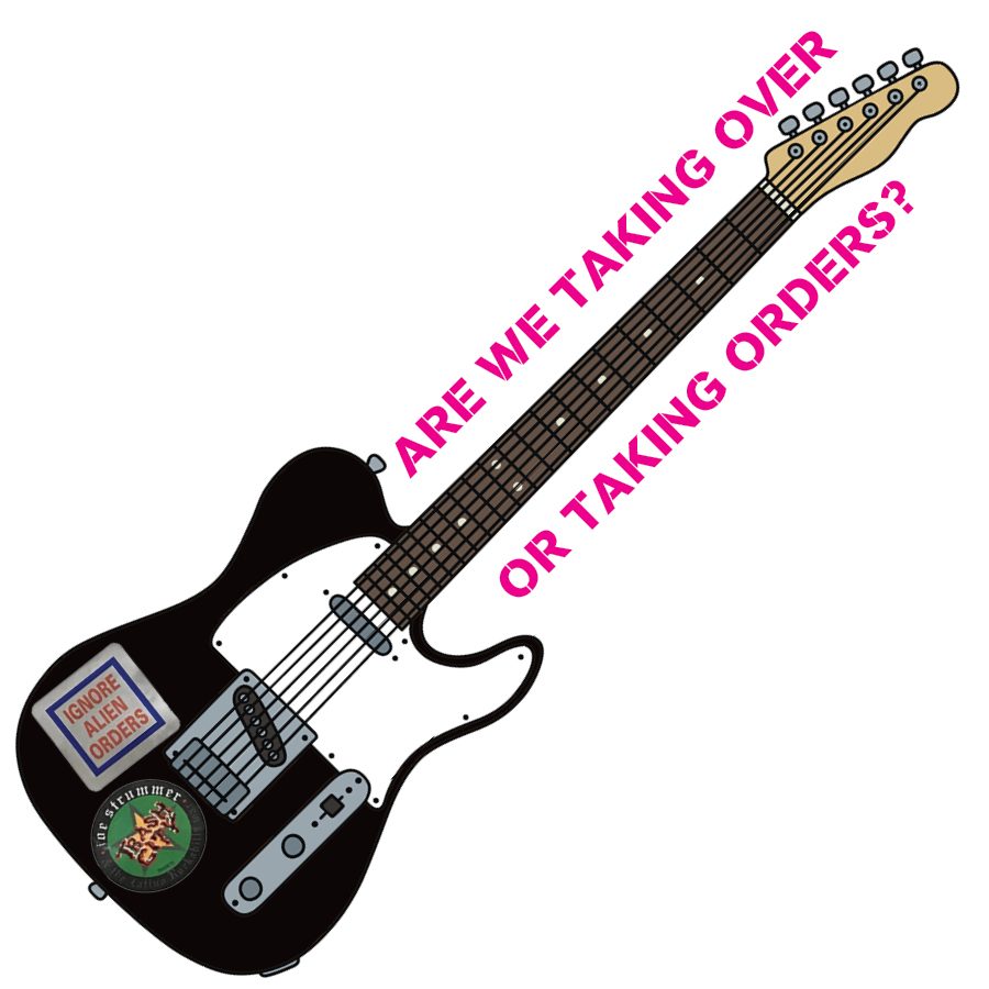 Black and white guitar with stickers on it, surrounded by pink text.