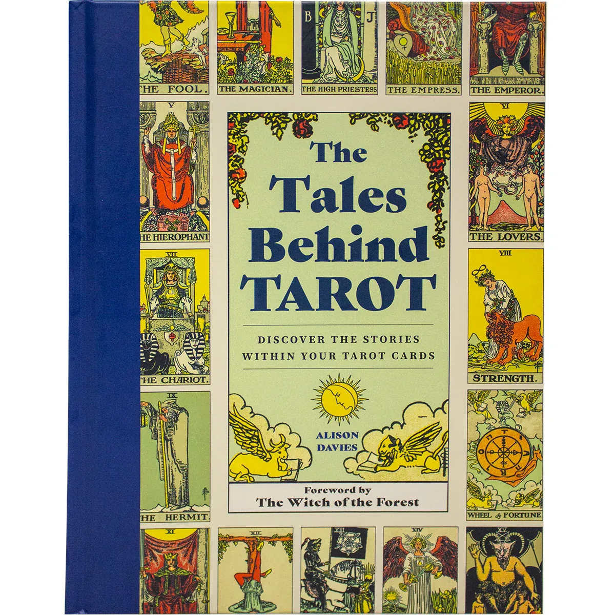 colorful cover with bold blue text and collage of tarot designs