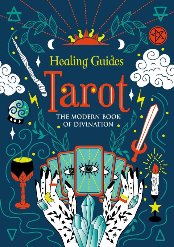 illustrations of various tarot and divination tools, like a candle, hands holding cards, and more. 