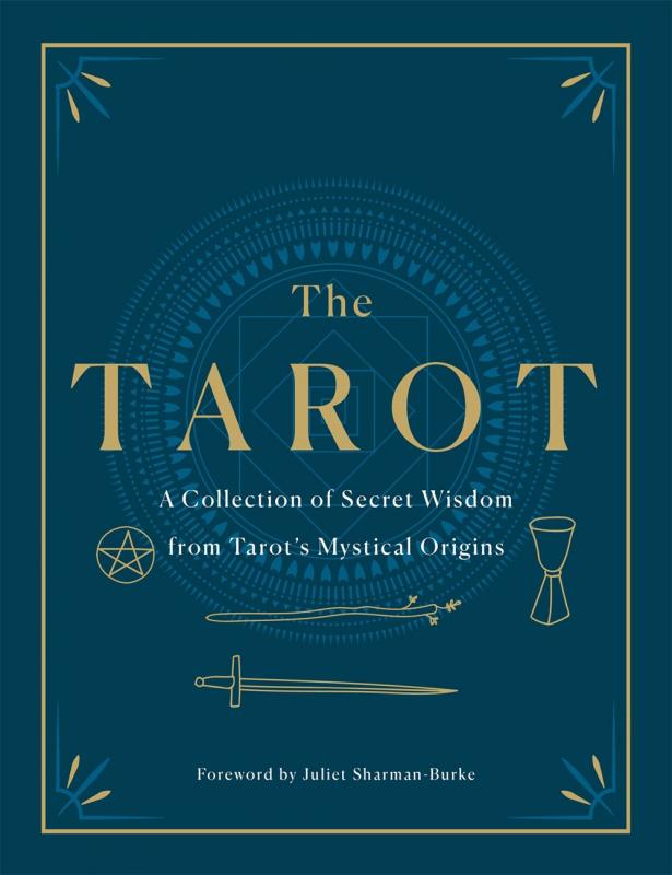 a circle of short line markings frames a square and a diamond shape against a blue background. a star, a branch, a sword, and a cup occupy the bottom foreground of the cover.