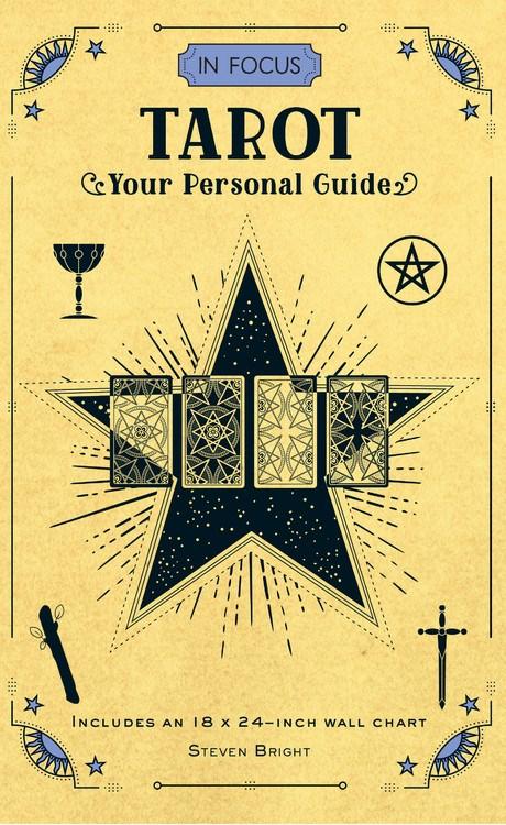 a five sided star with four tarot cards laid out in the middle and a cup, a cross, a star, and a branch in the four corners around the star
