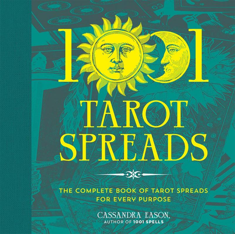 jumbled tarot cards all tinged with a green hue in the background, title text front with one of the 0's as a sun and the other as a moon