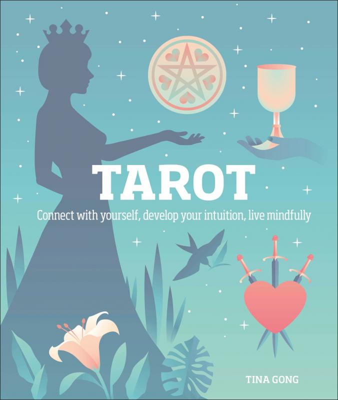 a silhouette of a woman wearing a crown and standing amidst flowers holds out her hand, seemingly levitating a circle with a star inside it, while a ghostly hand holds out a goblet across from her. a bird flies in the background, and a heart with thr