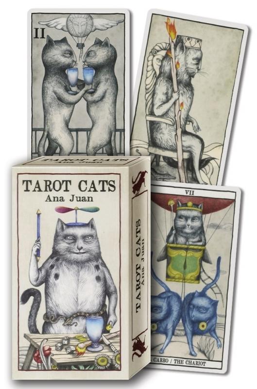 three tarot cards and a deck box with cats drawn in a style inspired by the Rider-Waite tarot deck