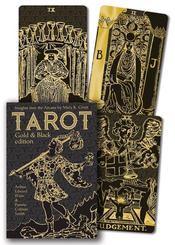 a deck box and three tarot cards from the original Rider-Waite deck illustrated all in gold against a black background