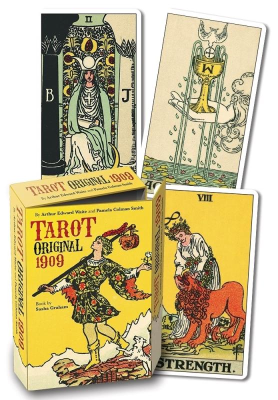 three tarot cards in the original Rider-Waite style and a yellow box with a figure on the front carrying a sack on a stick over his shoulder