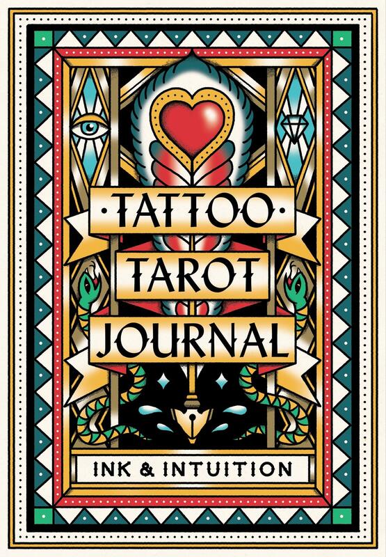 illustrations of an eye, gemstone, snakes, heart,  arrow, and banner, in flash tattoo art style.