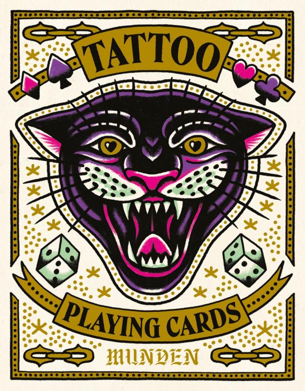 a tattoo flash design of a panther surrounded by dice and the four suits
