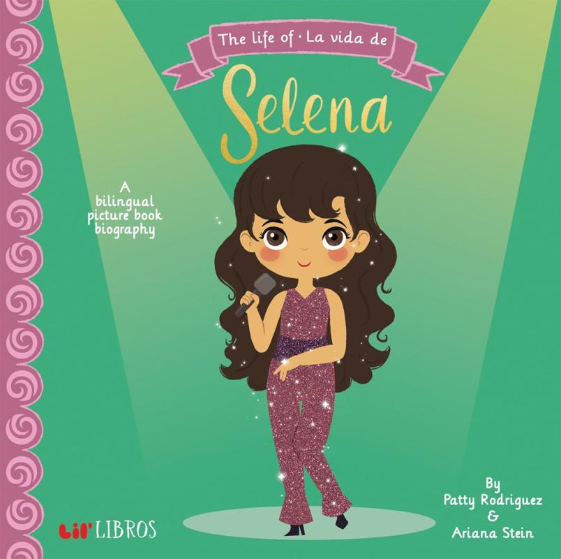 Green background with a chibi Selena in her purple jumpsuit at the cover center.