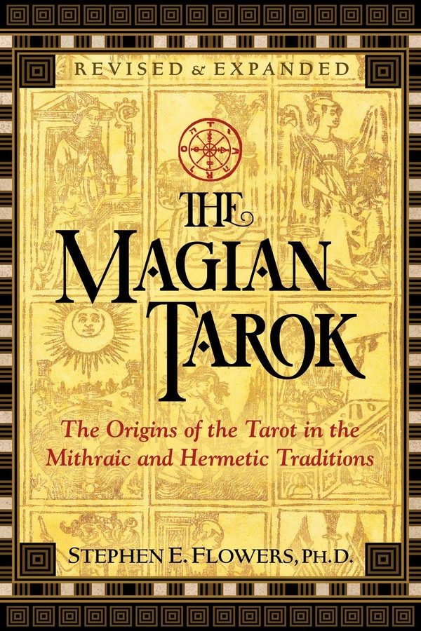 geometric bordering, with opaque yellow background in the center with woodcut images
