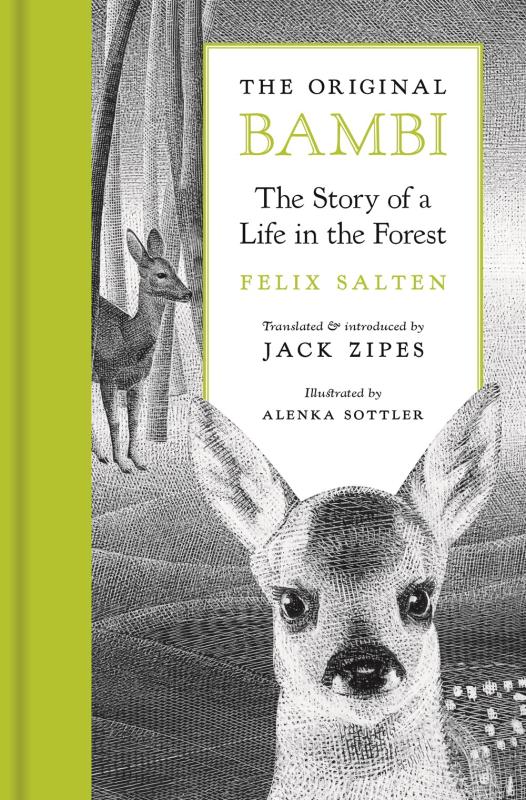 grayscale image of two deer in a forest with a white box containing the info text
