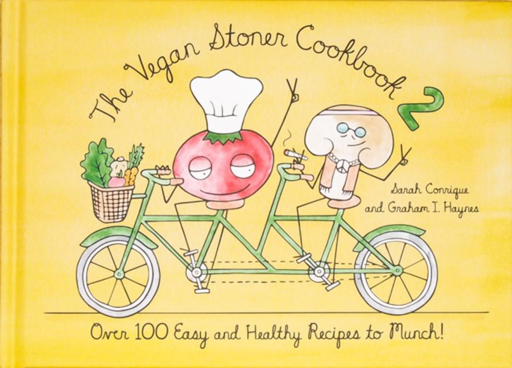 an illustration of a tomato wearing a chef's hat and a mushroom smoking a joint  riding a tandem bike with veggies in the front basket
